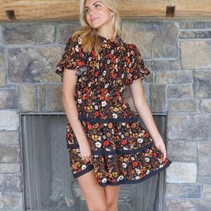 Simply Southern Vintage Tiered Floral Smocked Dress Crochet Lace Detail